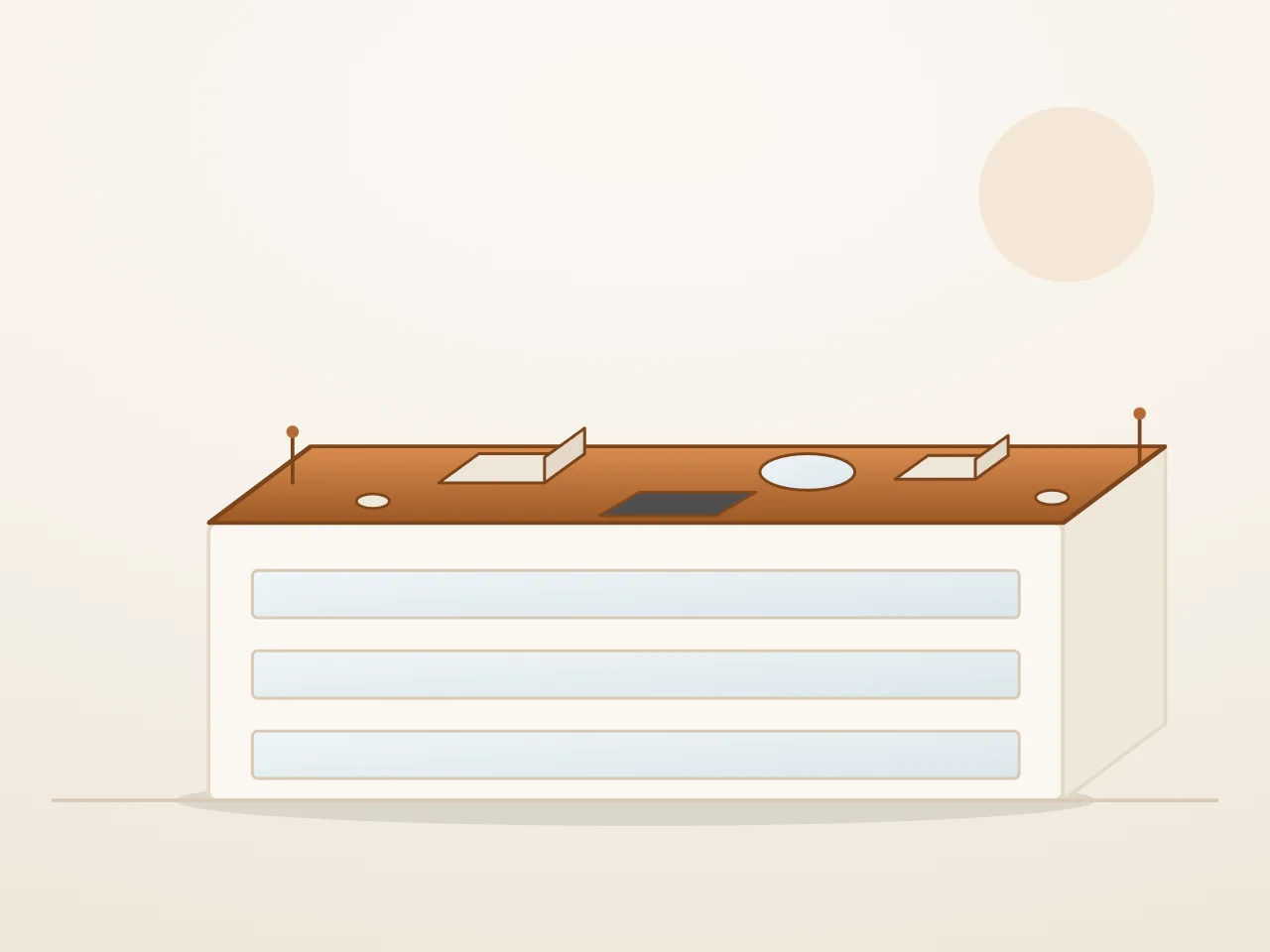 Zeichnung: grosses Flachdach eines Bürobaus mit Lüftungsgeräten, Oberlicht, Rohrdurchführungen und Solarmodulen