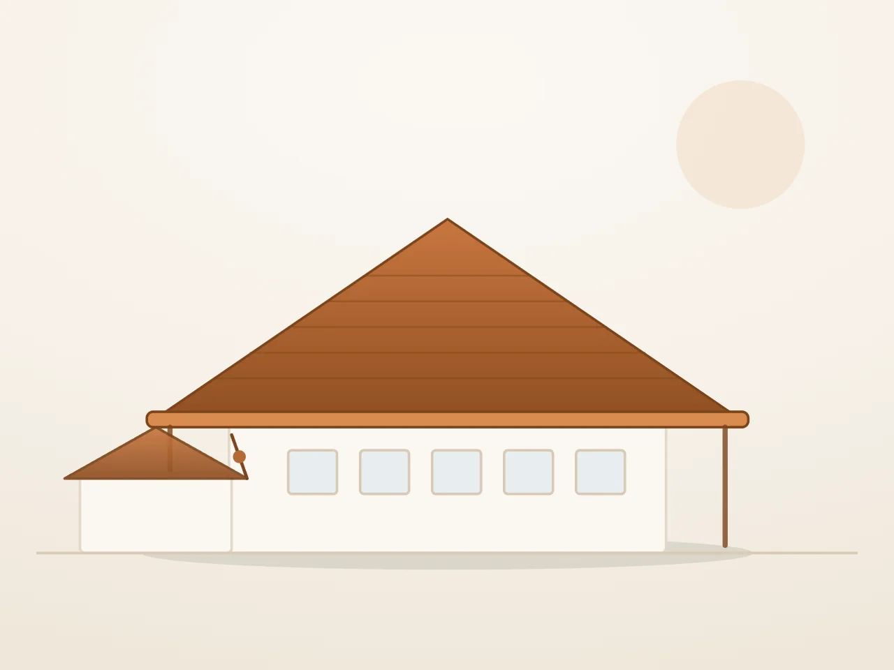 Zeichnung: Emmentaler Bauernhaus mit weit heruntergezogenem Dach, langer Rinne und angebautem Nebengebäude