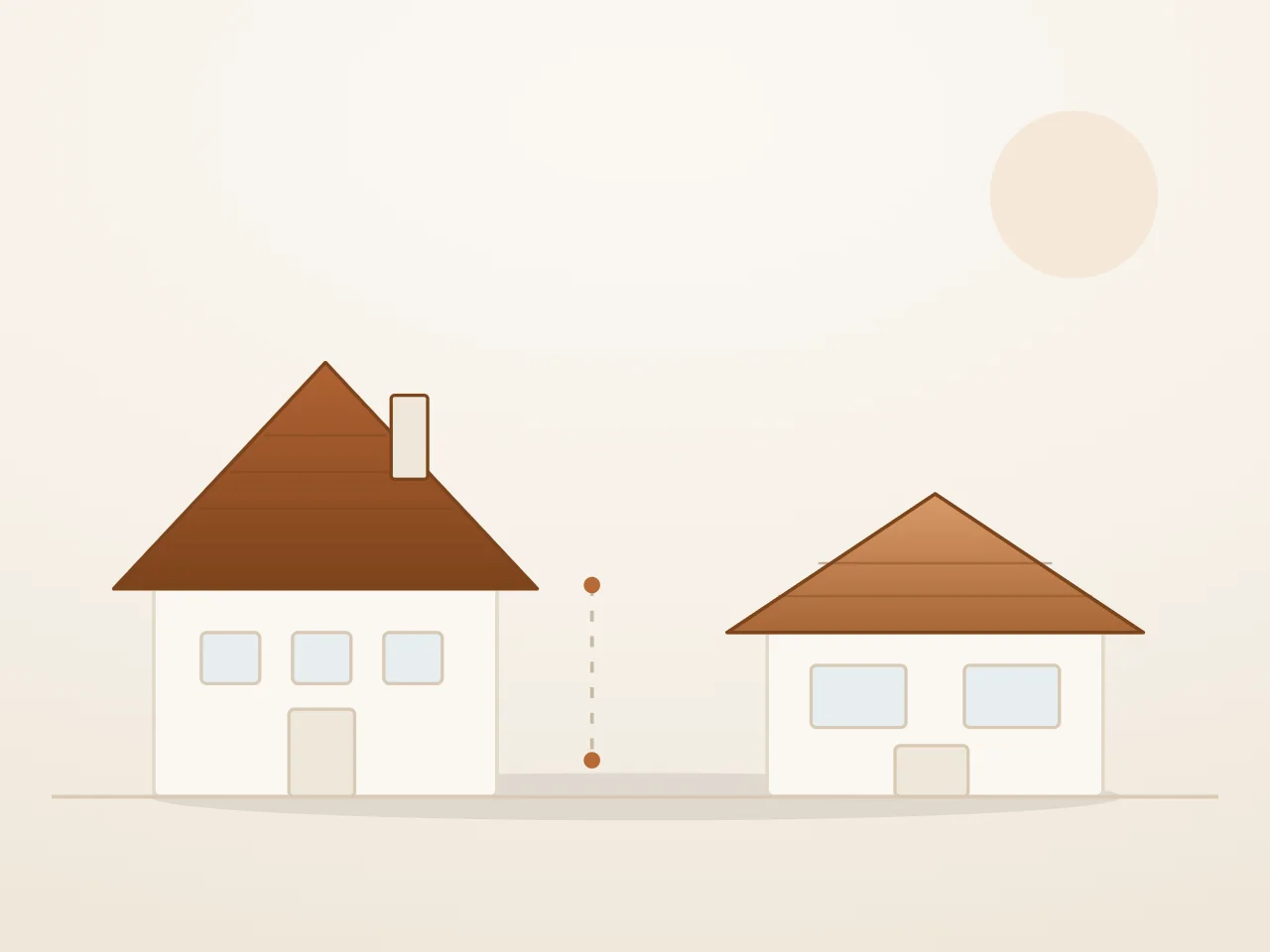 Zeichnung: links ein altes Dorfhaus mit steilem Dach und Kamin, rechts ein Siedlungshaus mit flacher geneigtem Dach